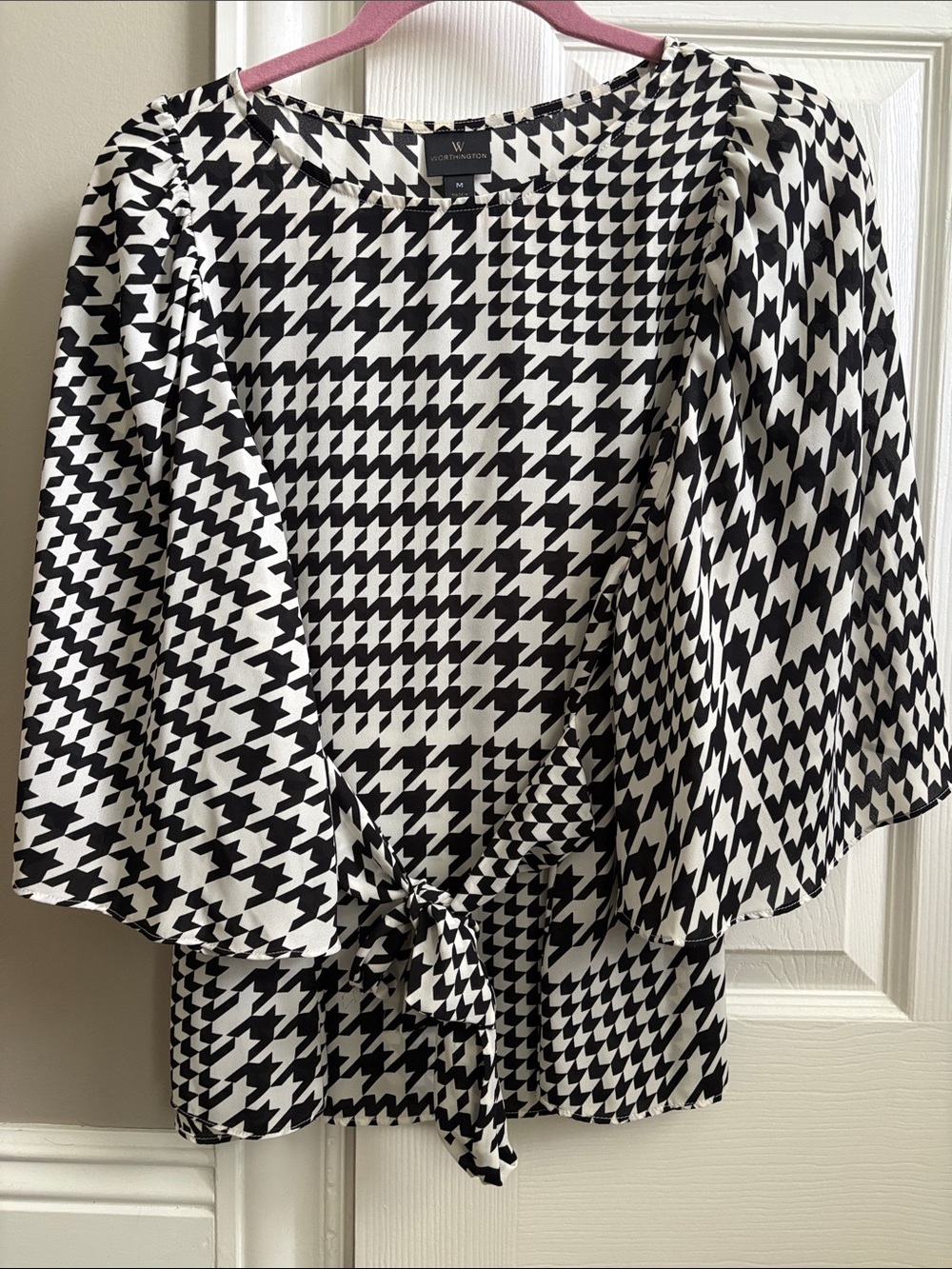 Worthington Black and White Houndstooth Tie-Front Blouse